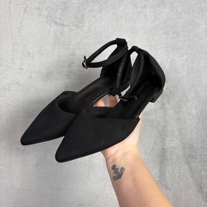Black Knit Pointed Toe Ankle Strap‎ Flats Low Block Heel Womens 9.5